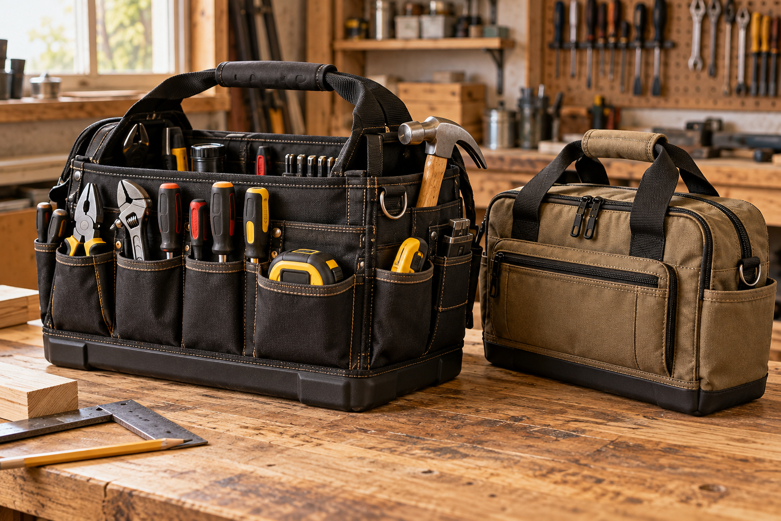 Open contractor tool tote with hand tools organized beside a compact zippered bag
